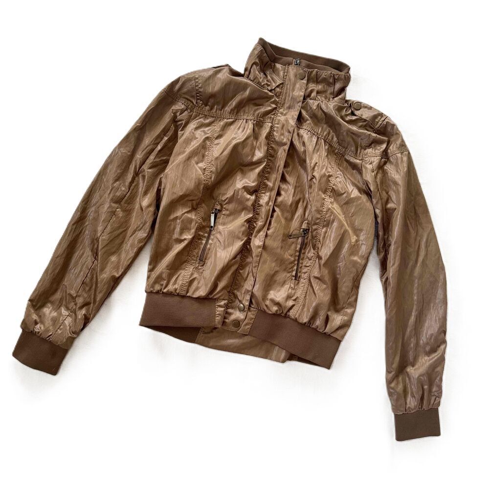 Charlotte Russe Bomber Jacket Large L Bronze Brown Full Zip Stand Collar Gold